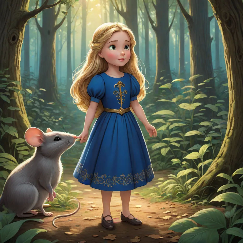 a little girl in a blue dress standing next to a mouse in a forest with trees and leaves on the ground, sots art, a storybook illustration, disney, official art