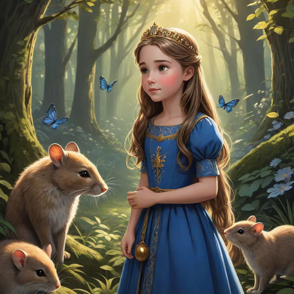 a girl in a blue dress standing next to a mouse and a mouse in a forest with butterflies on her head, fantasy art, a storybook illustration, Arthur Hughes, storybook illustration