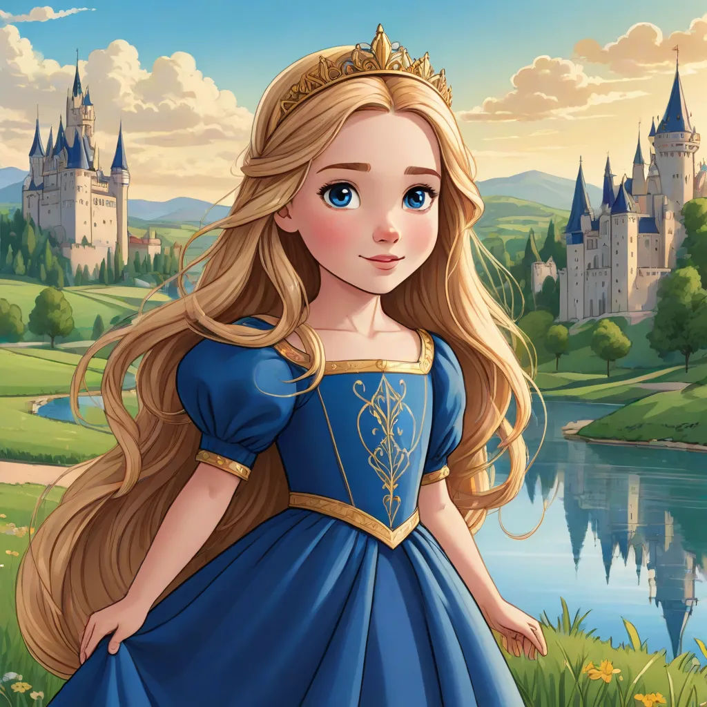 a cartoon of a princess standing in front of a castle with a lake and flowers in front of her, fantasy art, a storybook illustration, Alice Prin, 2 d game art