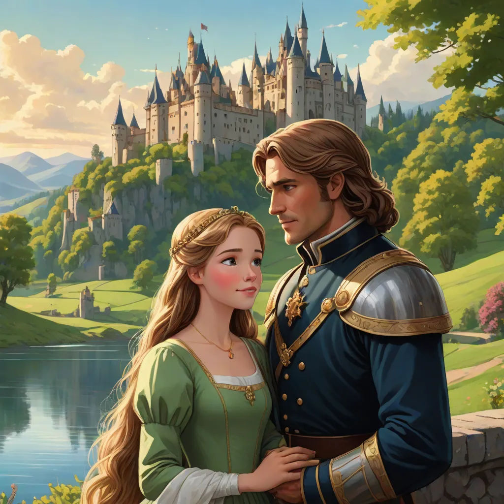 a painting of a man and woman in front of a castle with a lake and mountains in the background, fantasy art, a storybook illustration, Brothers Hildebrandt, official art