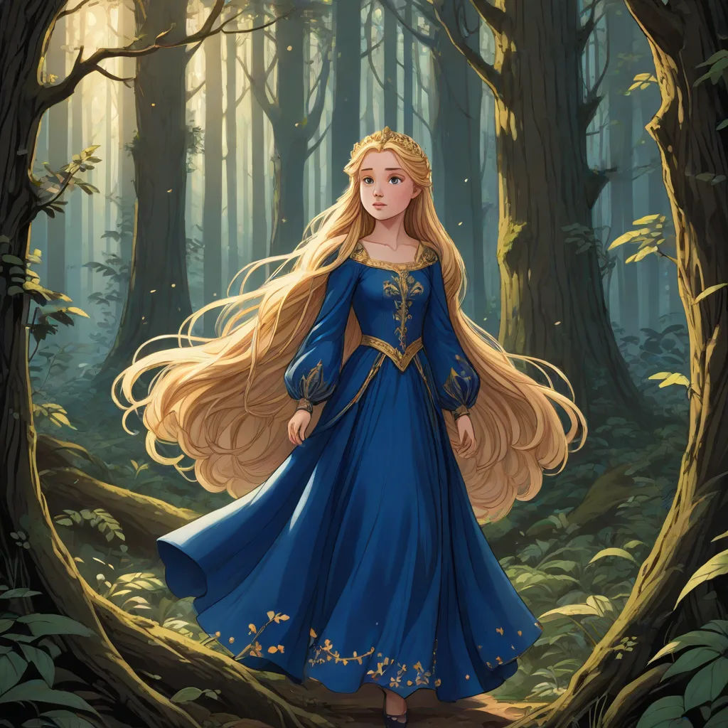 a painting of a girl in a blue dress in a forest with trees and leaves around her, with long blonde hair, fantasy art, a storybook illustration, Arthur Hughes, official art
