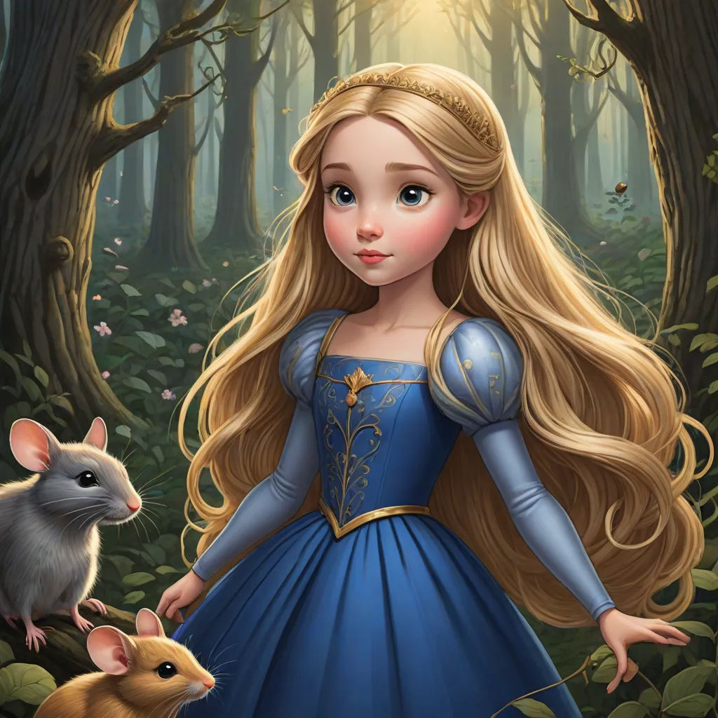a girl in a blue dress standing next to a rat in a forest with trees and flowers in the background, fantasy art, a storybook illustration, disney, rossdraws global illumination