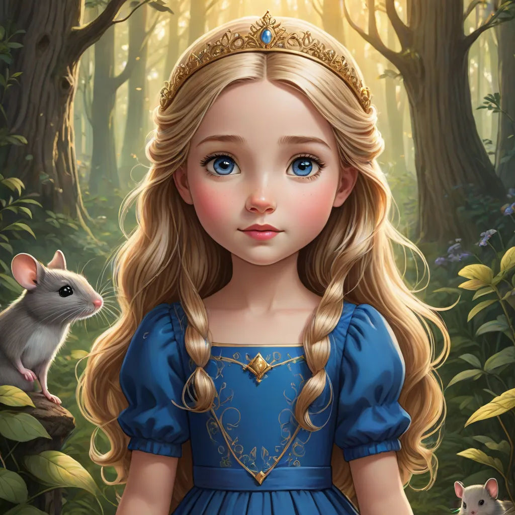 a painting of a girl in a blue dress with a mouse in her hand in a forest with trees, fantasy art, a character portrait, Alice Prin, cgstudio