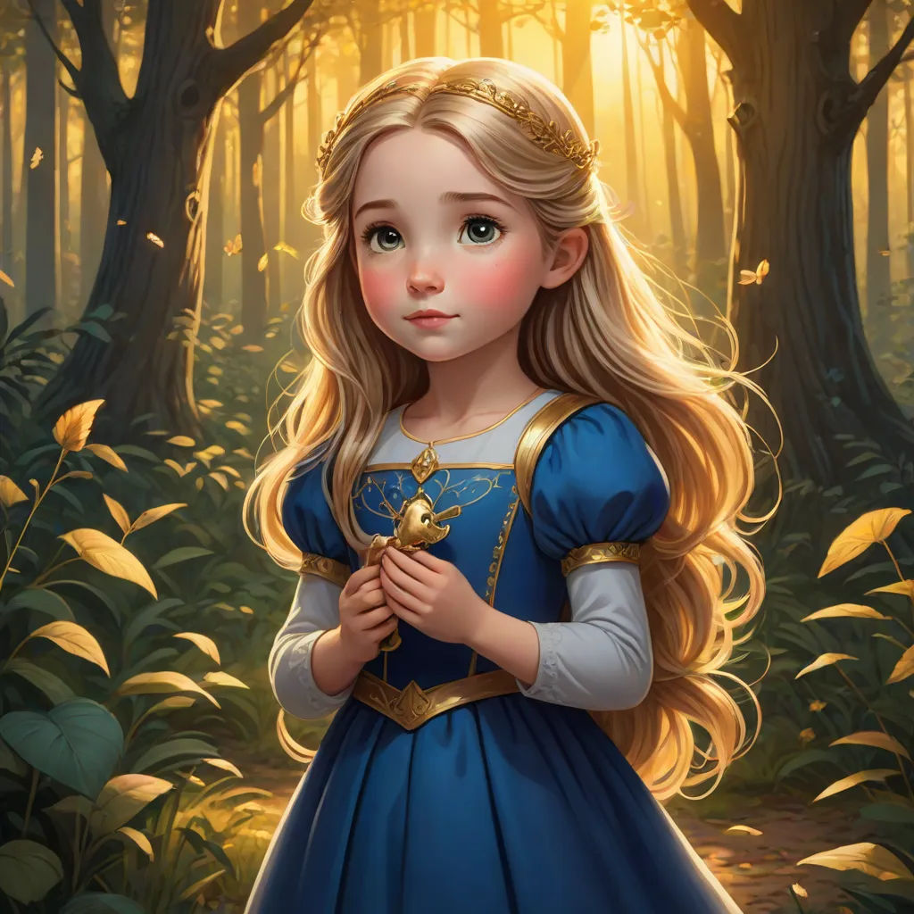 a painting of a little girl in a blue dress in a forest with a golden crown on her head, fantasy art, a storybook illustration, Arthur Hughes, rossdraws global illumination