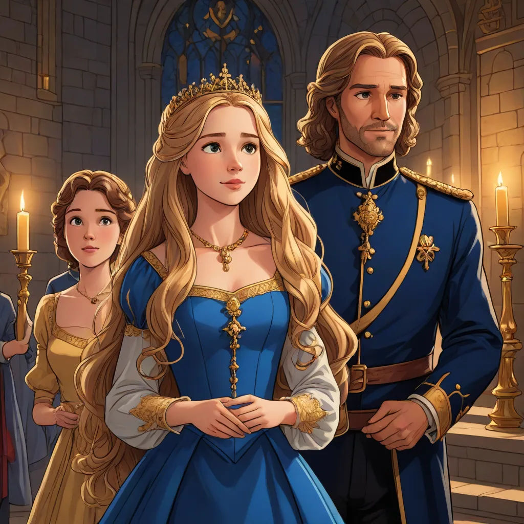 a man and woman in medieval dress standing next to each other in front of a castle with candles and candles, sots art, a storybook illustration, disney, official art
