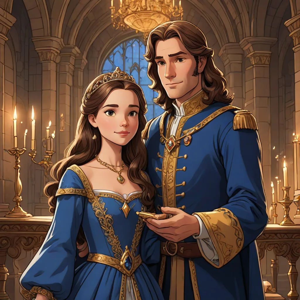 a man and woman dressed in medieval clothing standing next to each other in a castle like setting with candles, fantasy art, a storybook illustration, disney, official art