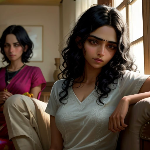 two women sitting on a couch in a room with a window and a chair in front of them, one of them is looking at the camera