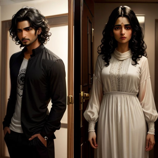 a man and a woman standing in a doorway together in a white dress and black jacket and a man in a black suit and white shirt