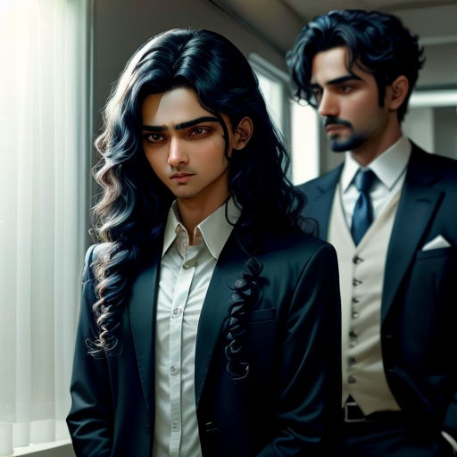 a man in a suit and tie standing next to a woman in a white shirt and black suit and a window