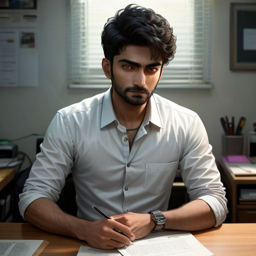 a man sitting at a desk with a pen and paper in his hand and a book in front of him