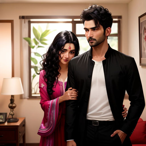 a man and a woman standing in a living room together, looking at the camera, with a painting behind them