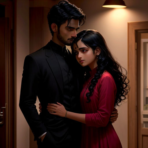 a man and a woman standing next to each other in a room with a door and a light on