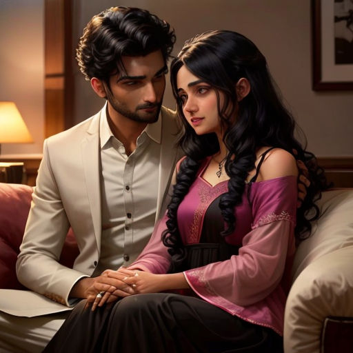 a man and a woman sitting on a couch together, one of them is wearing a pink dress and the other is a white suit