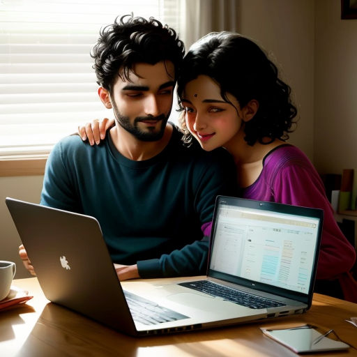 a man and woman sitting at a table with a laptop computer on their lap top and a cup of coffee