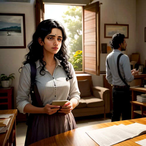 a woman standing in a room holding a cell phone and looking at a man in a suit behind her