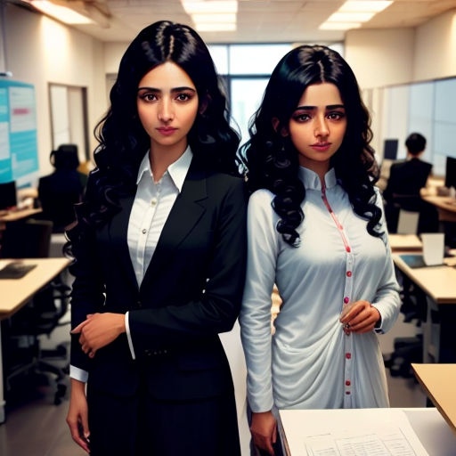 two women standing next to each other in an office setting with desks and computers in the background, one of them is wearing a white shirt and the other is wearing a black