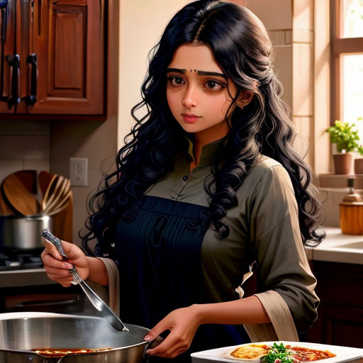 a painting of a woman cooking in a kitchen with a pan and a spoon in her hand and a plate of food on the counter