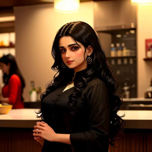 a woman standing in a kitchen with a bowl of food on the counter and a woman behind her looking at the camera