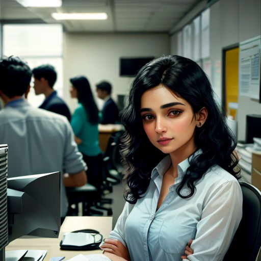 a woman sitting at a desk in an office setting with a computer and other people in the background,