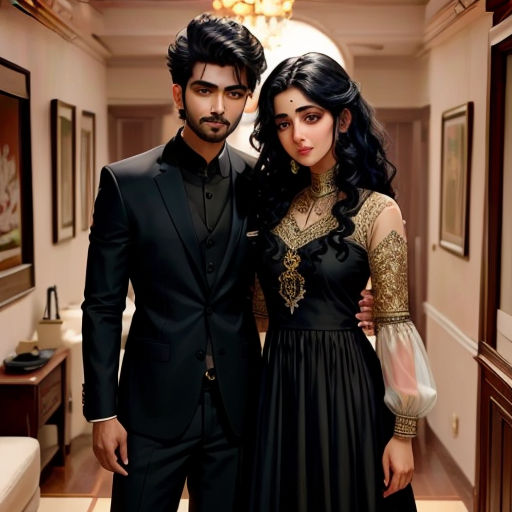 a man and a woman standing in a hallway together wearing formal wear and a black suit and gold necklace