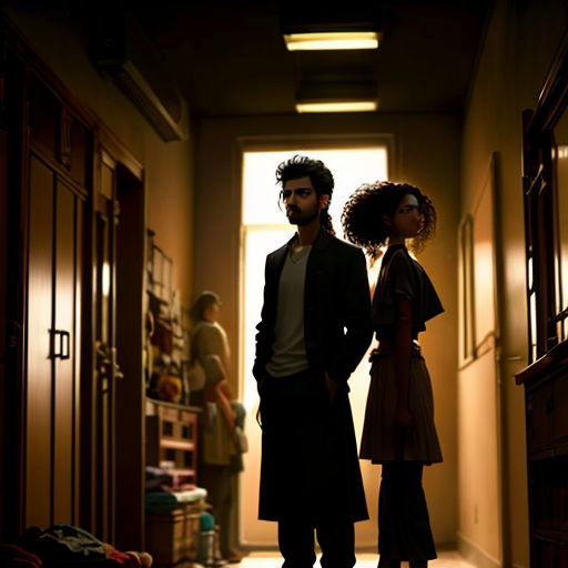 a man and a woman standing in a hallway next to a doorway with a light coming through the window