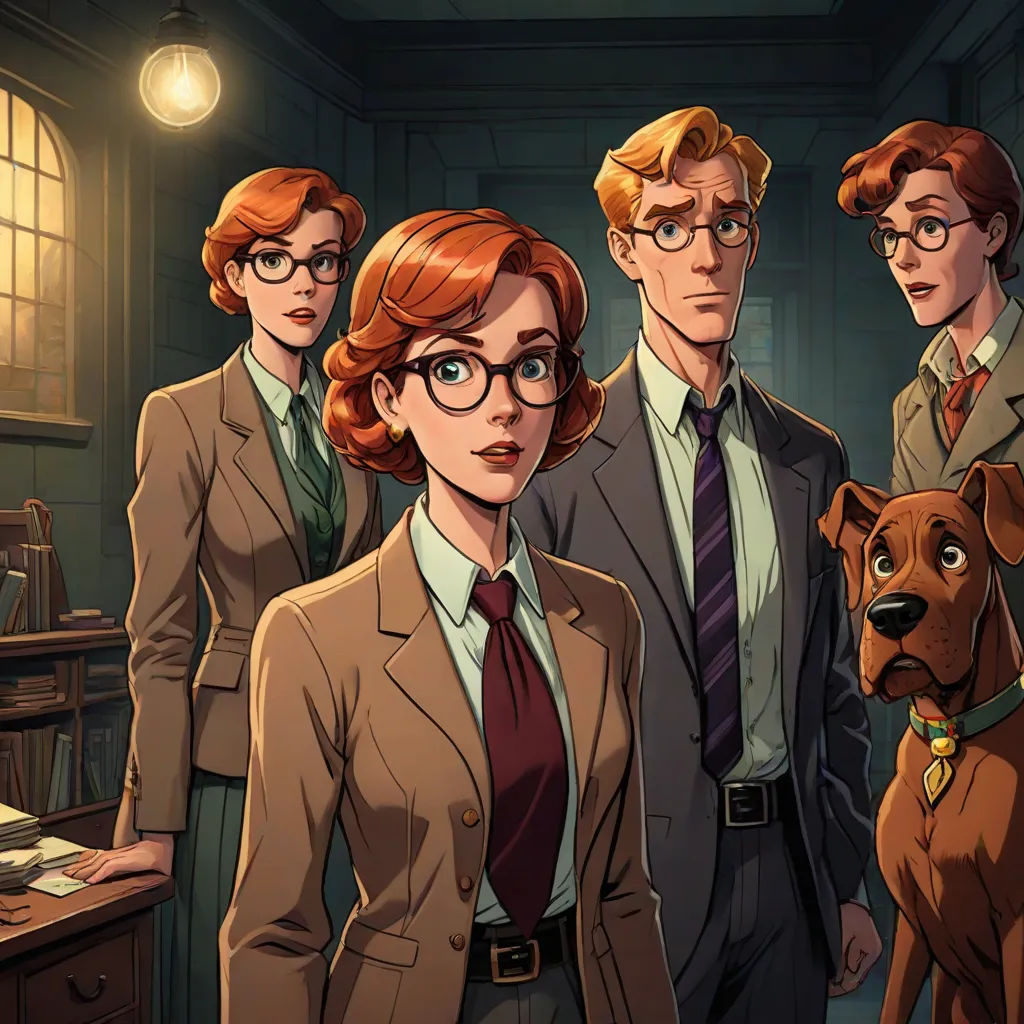 a group of people standing next to a dog in a room with a desk and a lamp on it, serial art, concept art, Ada Gladys Killins, official art
