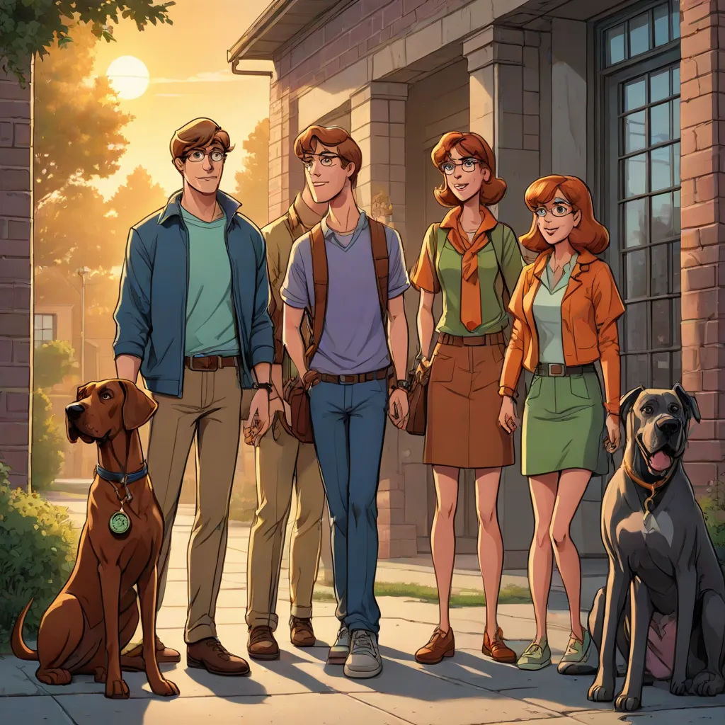 a group of people standing next to a dog on a sidewalk in front of a building with a dog on the sidewalk, sots art, a comic book panel, Brothers Hildebrandt, official art