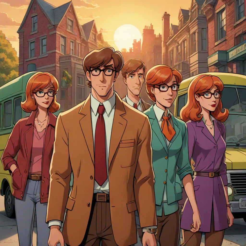 a group of people standing in front of a bus on a city street at sunset or sunrise time,, rayonism, a comic book panel, Brothers Hildebrandt, official art
