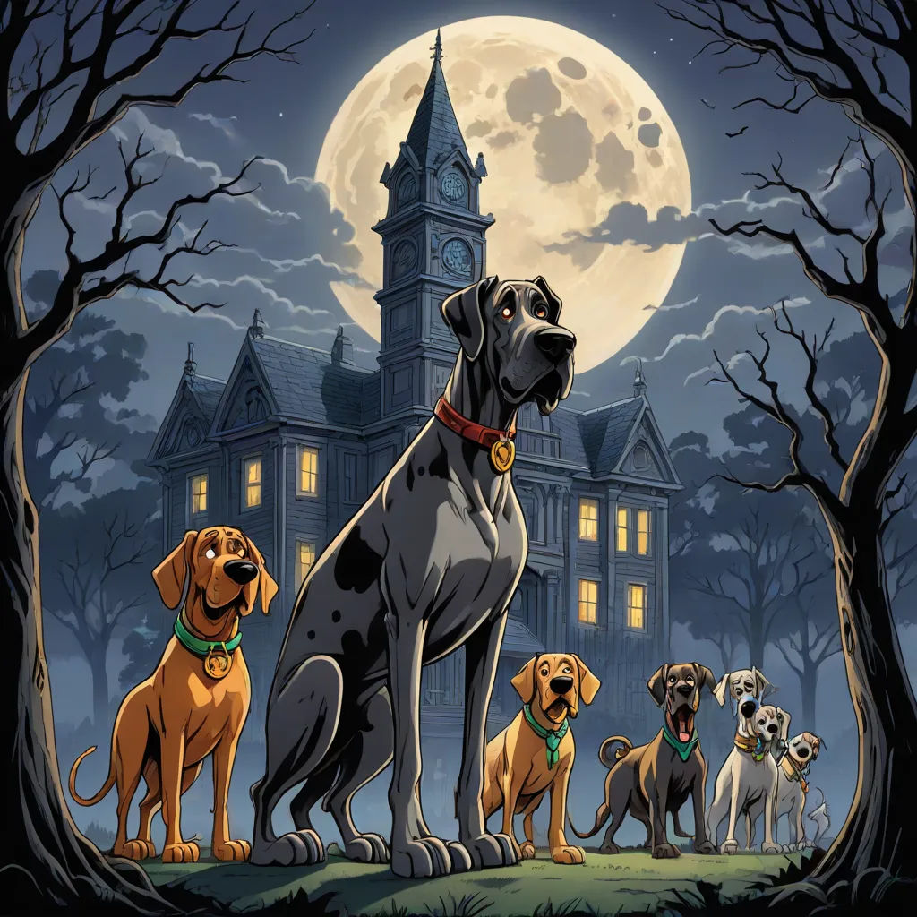 a group of dogs standing in front of a full moon with a clock tower in the background and a full moon behind them, furry art, poster art, Don Bluth, promotional image