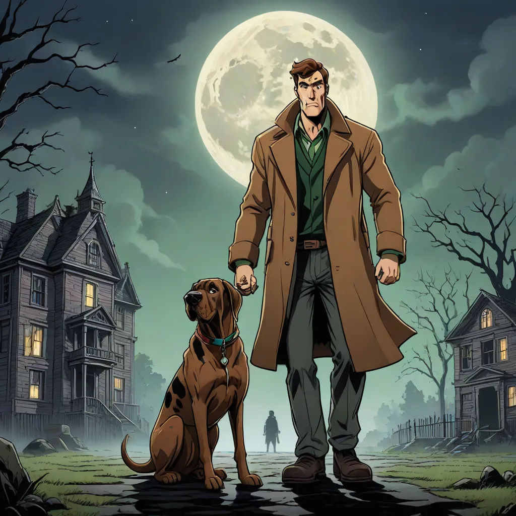 a man in a trench coat standing next to a dog in front of a full moon with a house, gothic art, a comic book panel, Dean Roger, promotional image