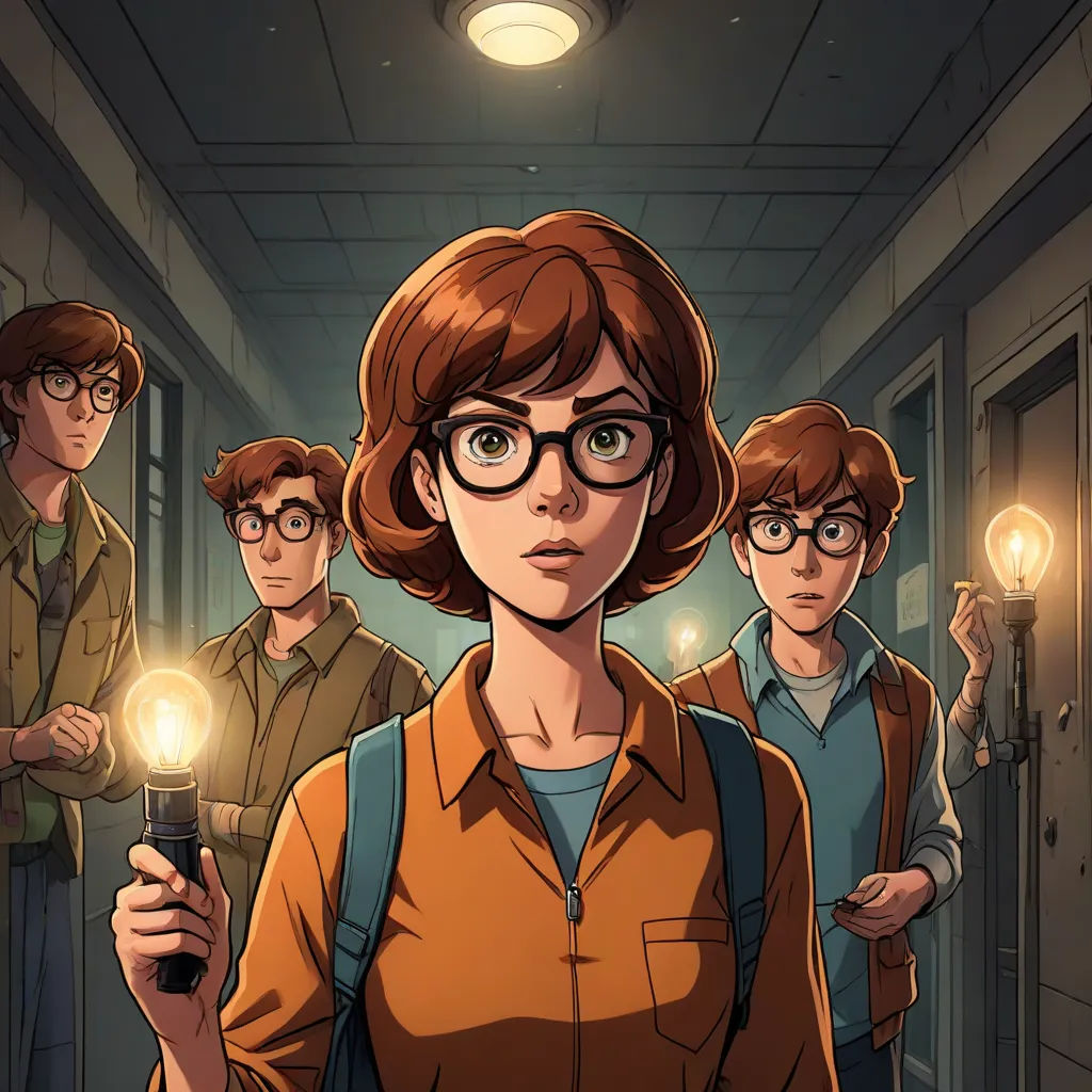 a woman holding a light bulb in a hallway with other people standing around her and looking at the camera, serial art, a comic book panel, Ada Gladys Killins, comic cover art