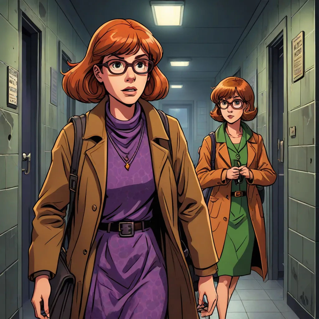 a woman in a purple dress and a woman in a brown coat walking down a hallway together in a hallway, serial art, a comic book panel, Ada Gladys Killins, official art