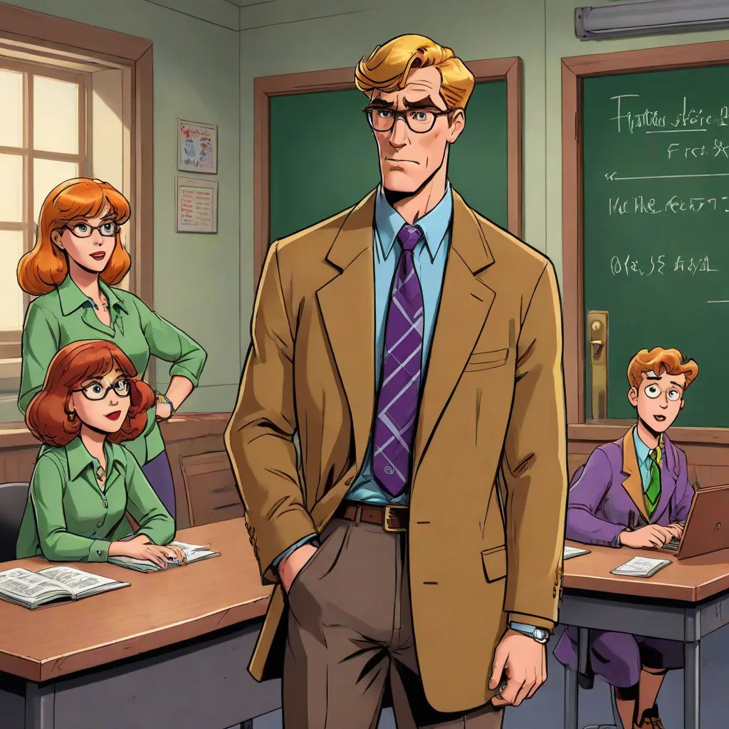 a man standing in front of a classroom full of people in suits and ties, with a teacher in the background, serial art, a character portrait, Dean Roger, official art