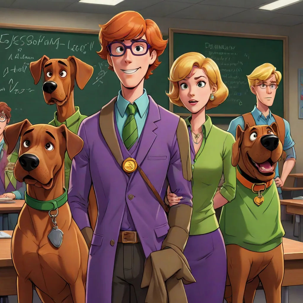 a cartoon of a man and woman with two dogs in front of them and a teacher in the background, sots art, concept art, David Brewster, official art