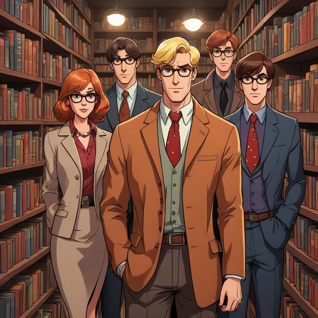 a group of people standing in a library with bookshelves behind them and a man in a suit and tie, sots art, a comic book panel, Cedric Seaut (Keos Masons), official art