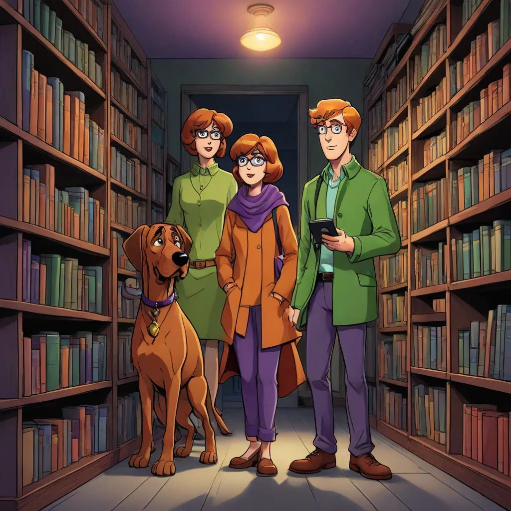 a group of people standing in a library with a dog on the leash and a man holding a book, private press, a comic book panel, David Brewster, official art