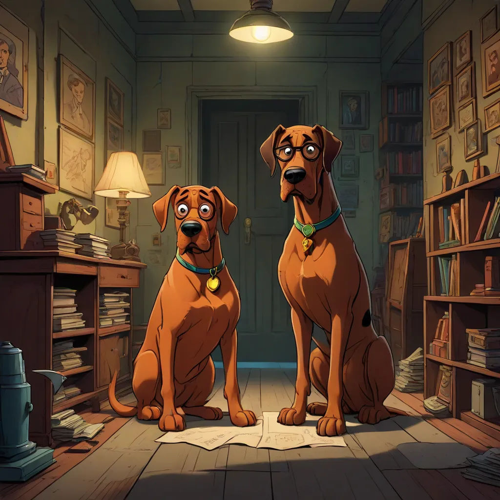 two dogs sitting on a floor in a room with a lamp and bookshelf in the background,, furry art, a storybook illustration, Don Bluth, promotional image