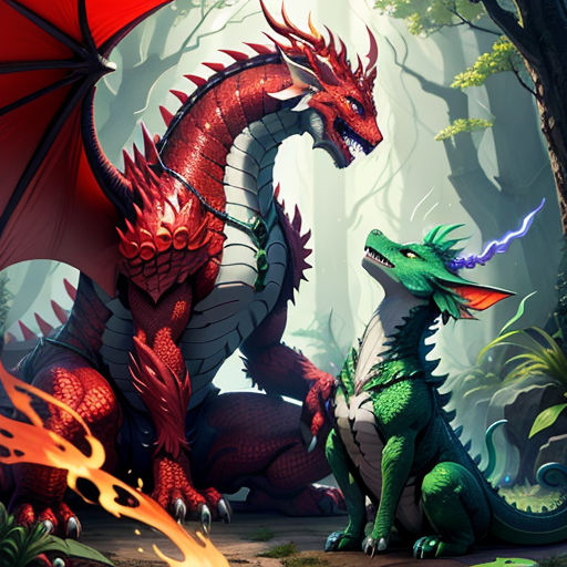 two dragon are sitting next to each other in the woods, one is red and the other is green