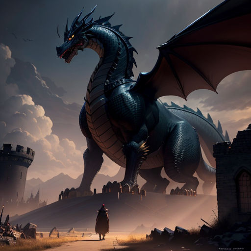 a dragon is standing in front of a castle with a man walking by it and a castle in the background