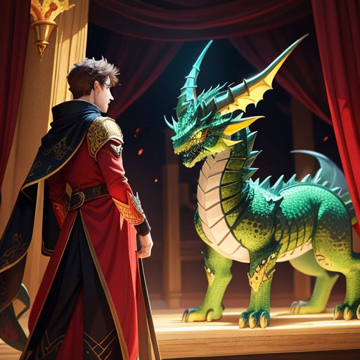 a man in a red and black outfit standing next to a green dragon in a stage setting with a red curtain