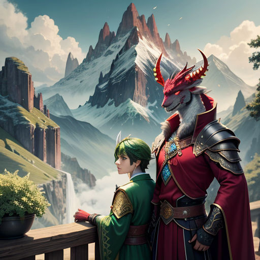 a couple of people standing next to each other near a mountain range with a dragon on it's head
