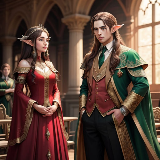 a man and woman dressed in renaissance costumes standing next to each other in a hall of people wearing costumes