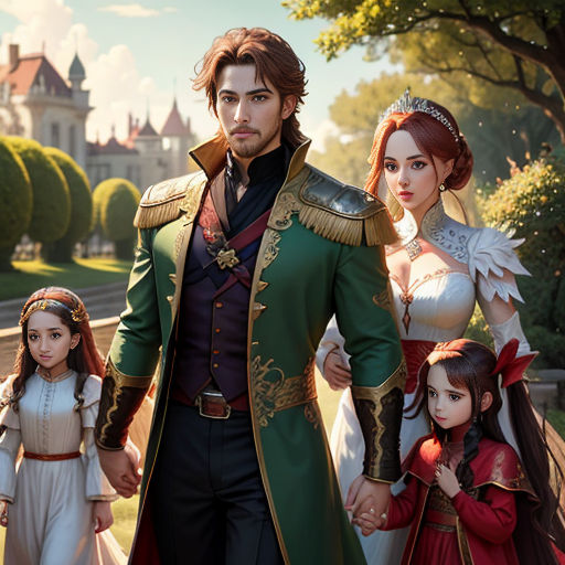 a man and woman in renaissance costumes standing next to a child in a princess dress and a man in a suit