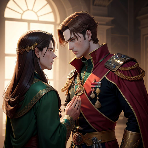 a man and woman dressed in medieval clothing standing next to each other in front of a window with a large window