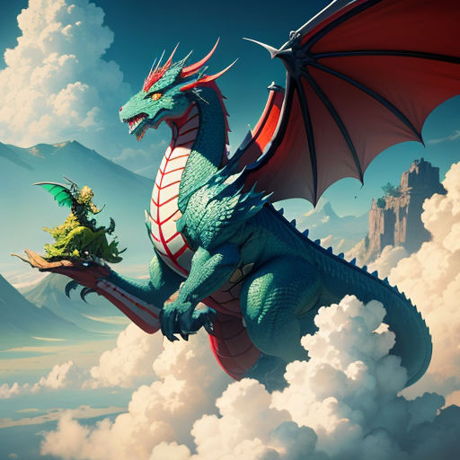 a dragon flying through the sky with a tree in its hand and a castle in the background with clouds