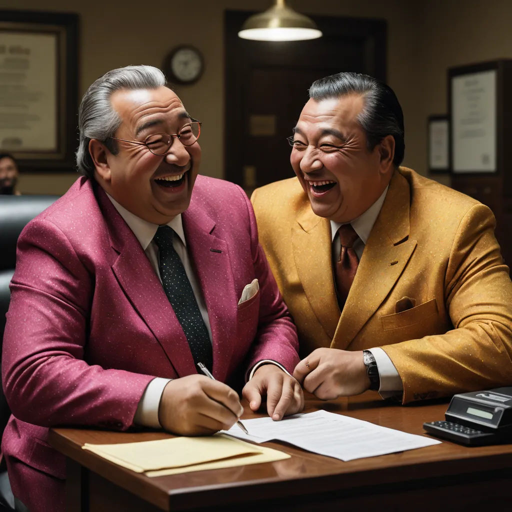two men in suits laughing and signing a document at a desk in an office setting with a telephone and a clock, excessivism, a colorized photo, Fan Kuan, promotional image
