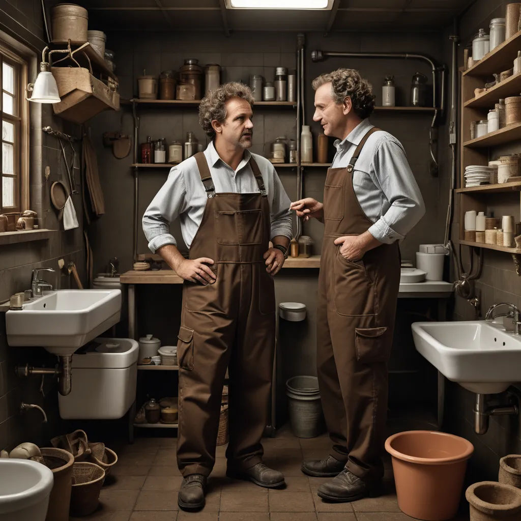 two men standing in a kitchen with a sink and a shelf full of pots and pans on the wall, arbeitsrat für kunst, an ultrafine detailed painting, Christian Hilfgott Brand, promotional image