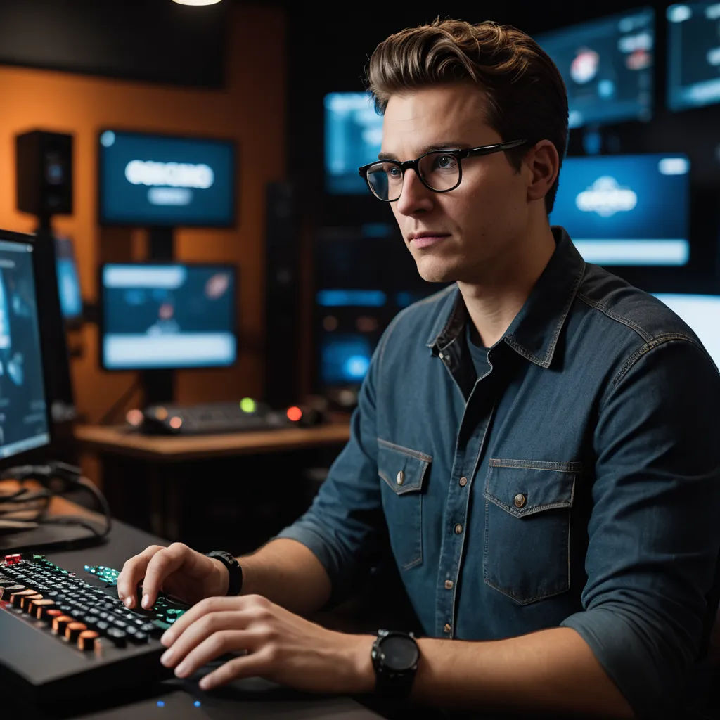 a man sitting at a desk with a keyboard and monitor in front of him and a monitor on the wall, new objectivity, a stock photo, Cedric Seaut (Keos Masons), affinity photo