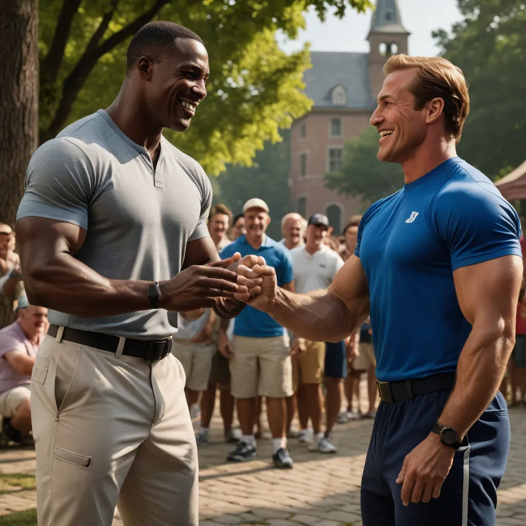 two men shaking hands in front of a crowd of people on a sidewalk with a building in the background, private press, a poster, David Garner, promotional image