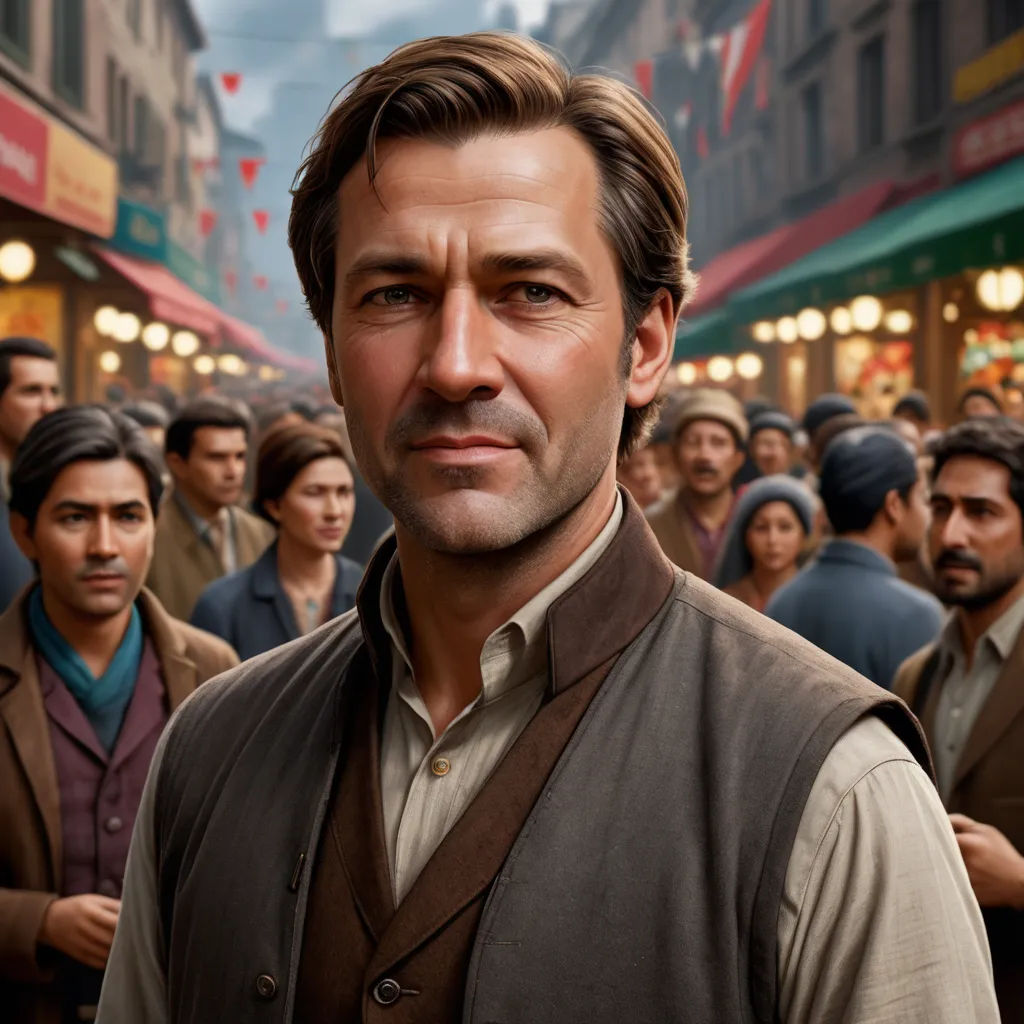 a man in a crowd of people in a city street with a man in a vest looking at the camera, harlem renaissance, a character portrait, Eugene Montgomery, promotional image